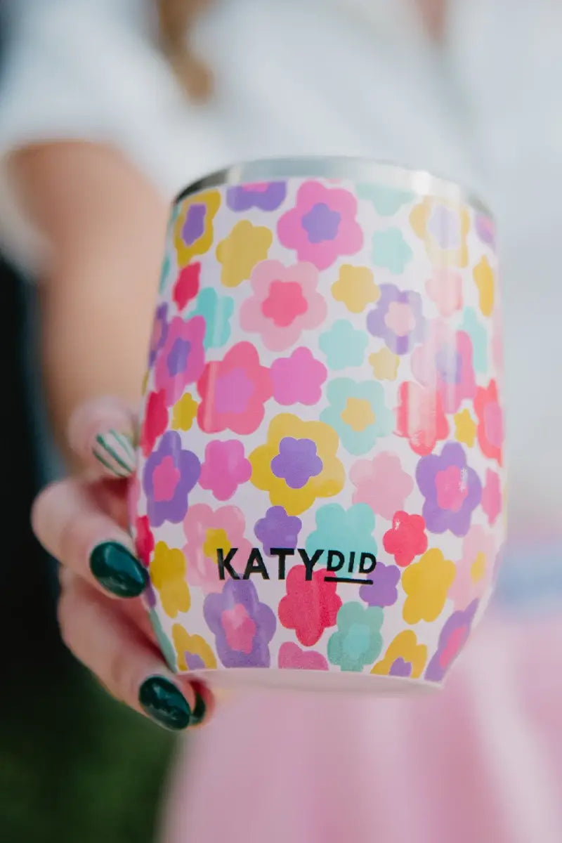 Groovy Multicolored Flowers 12 Oz Wine Tumbler