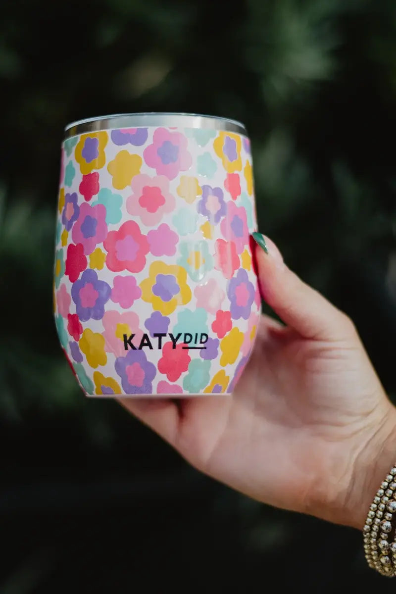 Groovy Multicolored Flowers 12 Oz Wine Tumbler